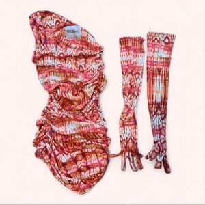 Miscreants London 3 Piece Set Dress and Gloves One Shoulder Dress Ruched Tie Dye